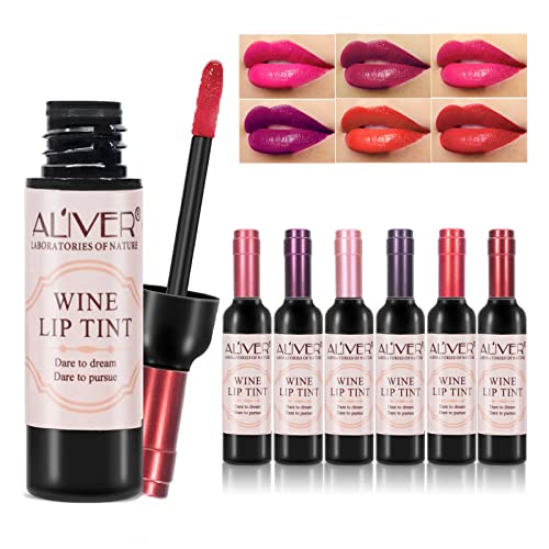 6 Colors/Set Wine Lip Tint, Wine Bottle Lipstick, Waterproof Long Lasting Matte Lip Gloss Wine Bottle Lip Stain Set Non-Stick Cup Moisturizing Liquid Wine Lipstick for Women Girls Lip Makeup
