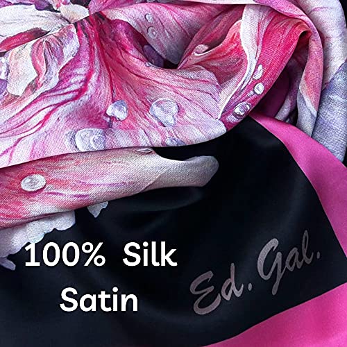 Large Square Silk Scarf, Black Shawl with Pink Flower, Mother, Women Gift2