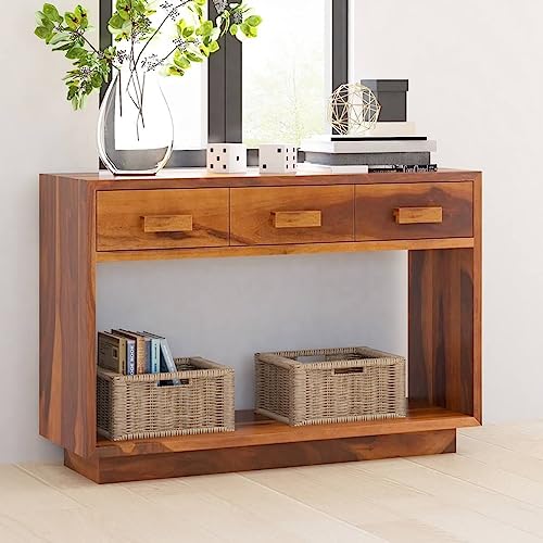 Image of Solid Sheesham Wood Console Table for Living Room | Entryway Hallway Sofa & Fish Tank Table with 3 Drawers & Shelf Storage | Rosewood Honey Finish
