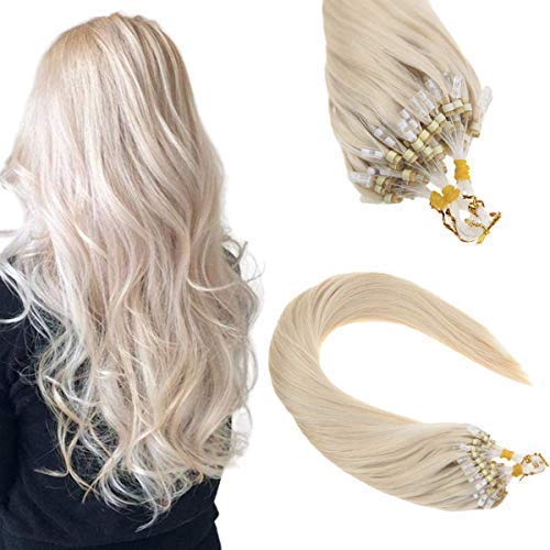 Sunny Micro Ring Hair Extensions #60 24inch Platinum Blonde Micro Loop Bead Silky Straight Fusion Remy Human Hair Extensions Micro Loop Beads,50g/pack 50 Strand
