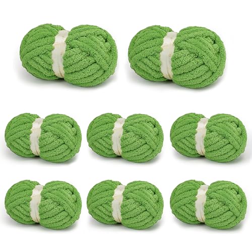 Chunky Yarn for Hand Knitting, Chunky Chenille Blanket Yarn for Crocheting, Bulky Soft Fluffy Chenille for Blanket Project, 8 Pack of 8oz/25yds, Green
