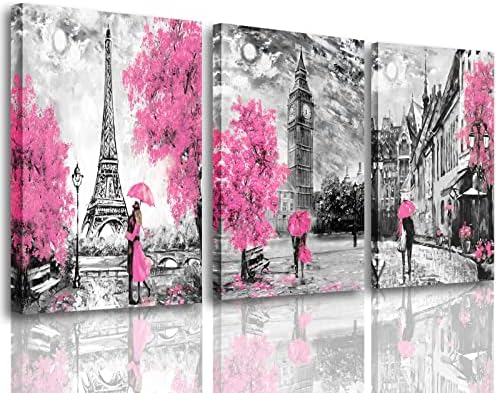 AOSHDART Black and White Wall Art Girls Pink Paris Theme Canvas Prints Eiffel Tower Wall Paintings London Big Ben Pictures for Bedroom Living Room Bathroom Wall Decor