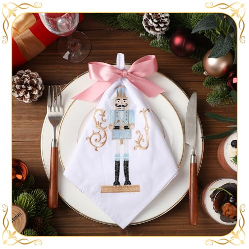Peryiter Set of 4 Christmas Nutcracker Cloth Napkins 18 x 18 Inch Embroidery Reusable Washable Cotton Dinner Cloth Napkins Tabletop Collection for Xmas Dining Kitchen Party Wedding Decoration Supplies – Image 5