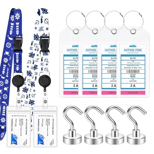 4 Cruise Luggage Tags Holder with Zip Seal and Steel Loops + 2 Detachable Cruise Lanyard with ID Holder Badge + 4 Magnetic Hooks for Cruise Cabins, Carnival Cruise Ship Essentials 2025 Must Have
