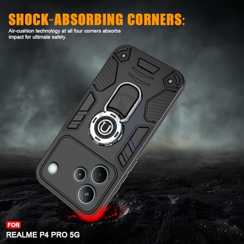 Image of AESTMO Realme P4 Pro 5G Back Case Cover | Tough Armor Bumper | Ring Holder & Kickstand in-Built | 360 Degree Protection Cover for Realme P4 Pro 5G (Black)