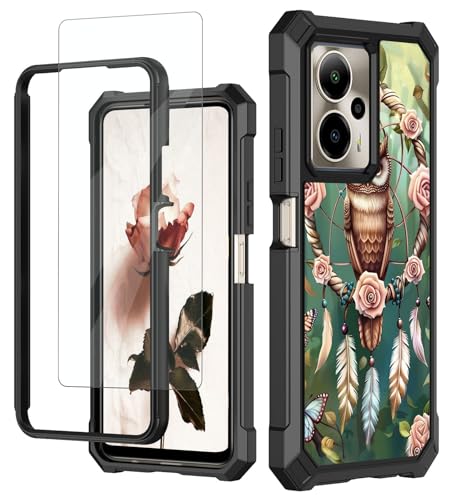 RAUEDWDJS for Cricket Outlast 5G 2024/AT&T Motivate Pro 5G Case with Tempered Glass Screen Protector,Full-Body Hard PC & Soft TPU Bumper Shockproof Protective Cover-Dreamcatcher Owl