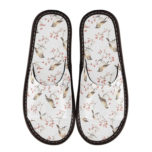 KLL Spa Slippers Indoor and Outdoor Portable Cozy Home Beach Non Slip Sandals for Travel, Pool, Party 6.5-7 Cartoon Cedar Waxwing Birds White