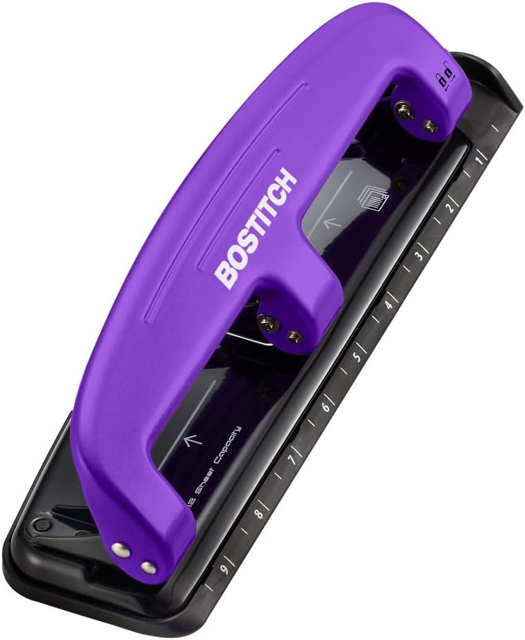 Bostitch Office EZ Squeeze Reduced Effort 3-Hole Punch, 12 Sheets, Purple
