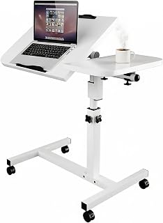Mobiler Betttisch auf Rollen, Beistelltisch Höhenverstellbar 60-90CM und Neigungsverstellbar, Pflegetisch für Bett, Laptoptisch Sofatisch mit Rollen Stehtisch Mit Schallwand (Weiß)