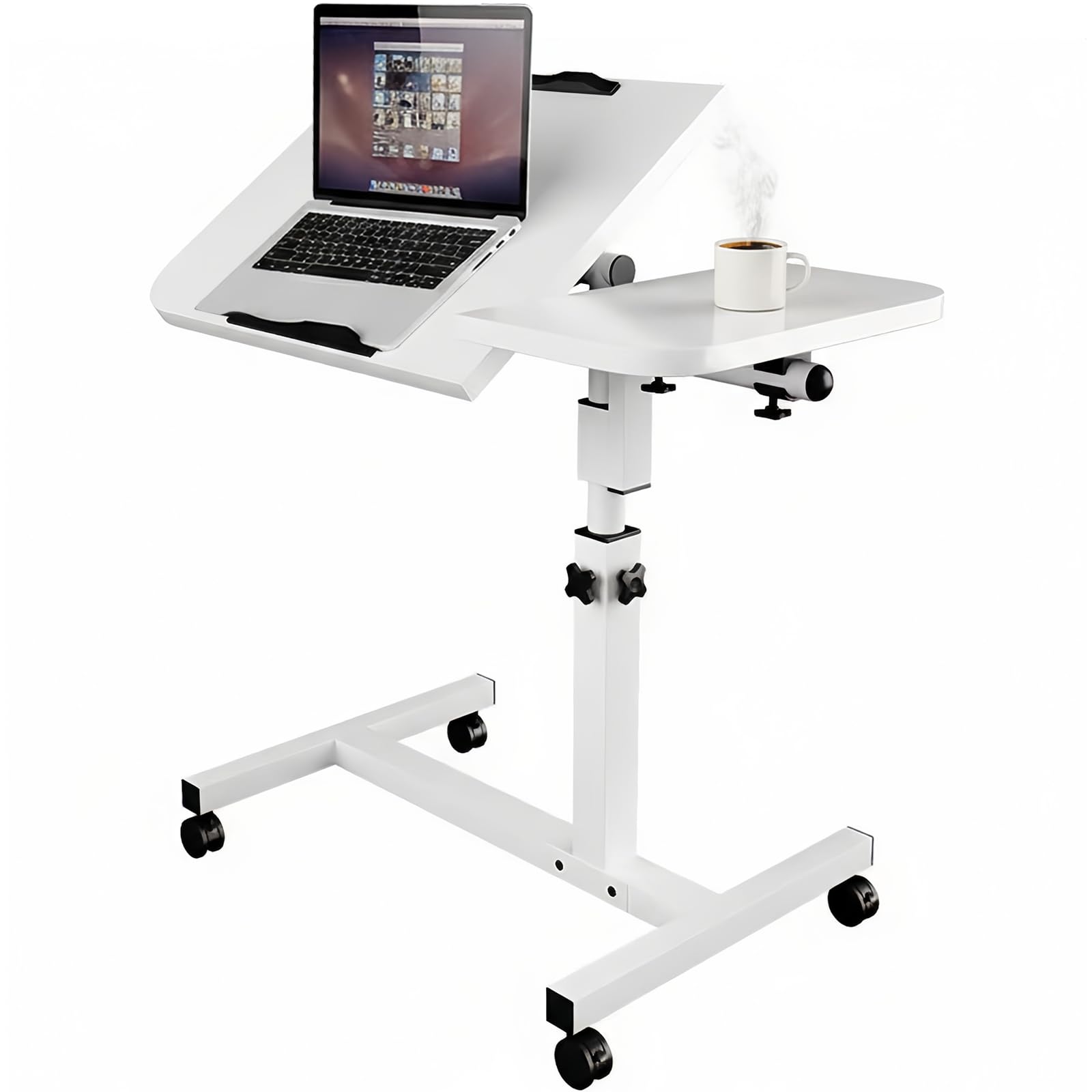 Bureau avec Roues, Bureau Table Informatique, Table de lit Roulette Réglable en Hauteur Table Roulante pour Lit Canapé avec Bandes Antidérapantes, Pliable 60X40CM Blanc