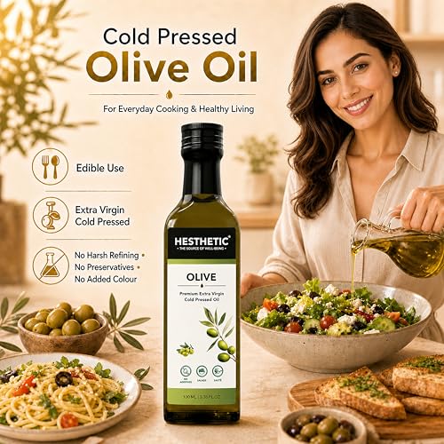 Image of HESTHETIC Premium Extra Virgin Olive Oil 100ml | Cold-Pressed Mediterranean-Sourced EVOO | Unrefined, Low-Acidity | Glass Bottle | Cooking, Salad & Finishing Oil