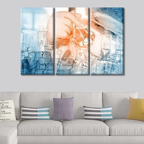 Image of Scientist and Test Tubes Laboratory Concept Framed Wall Art 3 Panels Science and Medical Art Prints Laboratory Prints for Wall Decor Giclee Gallery-Wrapped Posters and Prints (36 inch Wx24 H)