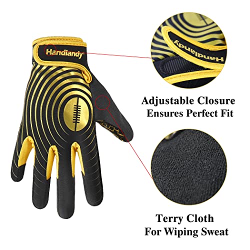 Handlandy Youth Football Gloves, Sticky Wide Receiver Gloves For Kids & Adult, Black And Gold Stretch Fit Football Gloves #TOP2