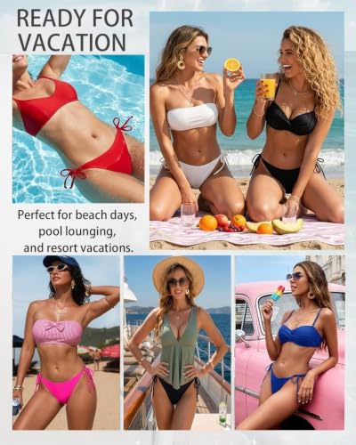 Image of Daci Women Mid Waist Bikini Bottoms - Full Coverage Swim Bathing Suit Bottom Side Tied Swimsuit Bottoms