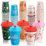 CUPLOOV 100 Pack Christmas Hot Coffee Cups with 50Pcs Lids, Xmas 12 Oz To Go Coffee Cup Hot Chocolate Cups, Christmas Disposable Paper Cups for Cold Drinks Holiday Winter Party Supplies