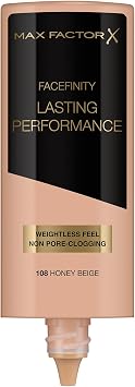 Max Factor Lasting Performance Liquid Foundation, 108 Honey Beige, Full Coverage, Flawless and Radiant Finish, Lightweight Formula, Smudge Resistant, Non Pore-Clogging, Fragrance Free, 35ml