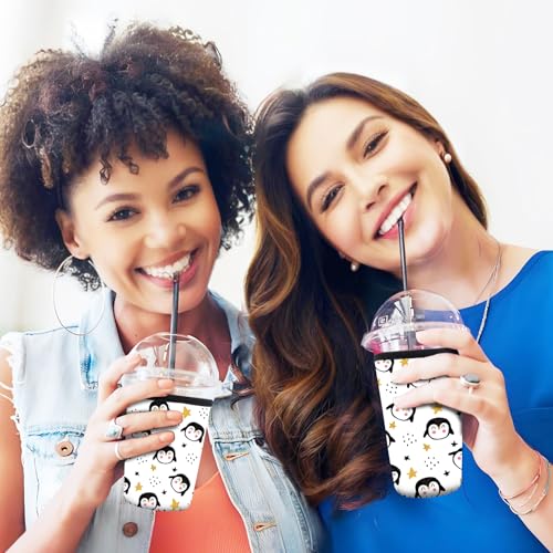 Image of 3 Pack Reusable Neoprene Insulator Sleeve for Iced Coffee Cups, Funny Coffee Cup Sleeves for 16-32oz Coffee cups, Cute Drink Sleeve for Cold Hot Beverages Cute Penguin