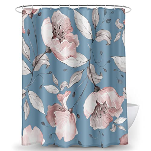 DeKeLaiFu Rideau de douche en tissu à motif floral, gris, rose, bleu, rideau de douche à motif aquarelle avec crochets, très résistant et imperméable, 180 x 180 cm Cover