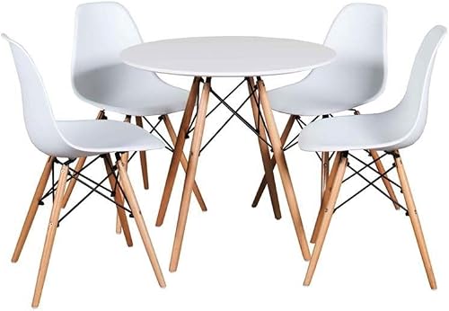 SMTE 5 Pieces Of Nordic Style Eames Chairs With Round Table Dining Set - White with keychain