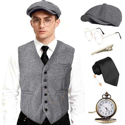 Halloween 1920s Mens Costume Accessories Set,Great Gatsby Clothing,Roaring 20s Pocket Watch,Mafia Mobster Hat for Old Man,1LGray-XL