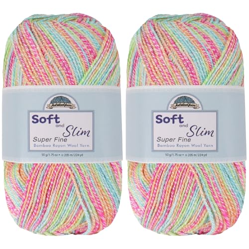 JubileeYarn Soft and Slim Yarn - 50g/Skein Bamboo Rayon Wool Blend - Rainbow Sprinkles -2 Skeins