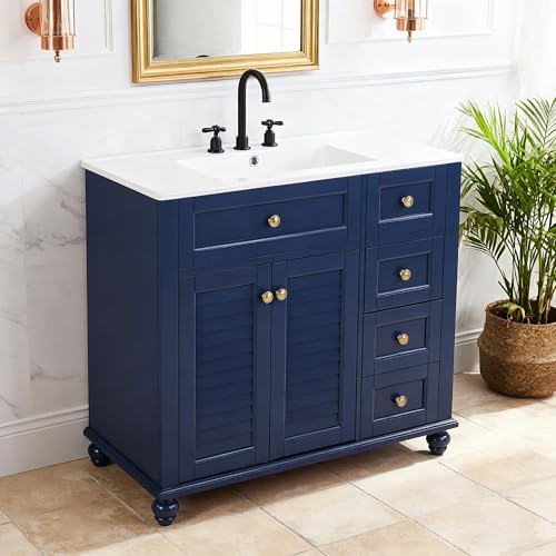 DlandHome 36" Bathroom Vanity with Sink Combo, Single Sink Bathroom Vanity Modern Bathroom Storage Cabinet with Soft-Closing Doors & 4 Drawers, Solid Wooden Frame, Navy Blue