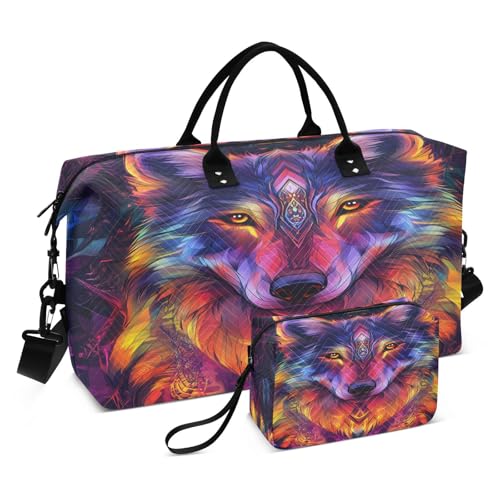 Travel Duffle Bag Weekender Bags Overnight Bag with Toiletry Bag Gym Duffel Bag Colorful Light Wolf for Travel Business Trips Sport