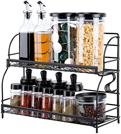 Flanney Spice Rack Organizer for Countertop, 2 Tier Bathroom Shelf, Desktop Makeup Organizer, Small Storage Rack for Kitchen, Bath Room, Bedroom and Office (Black)