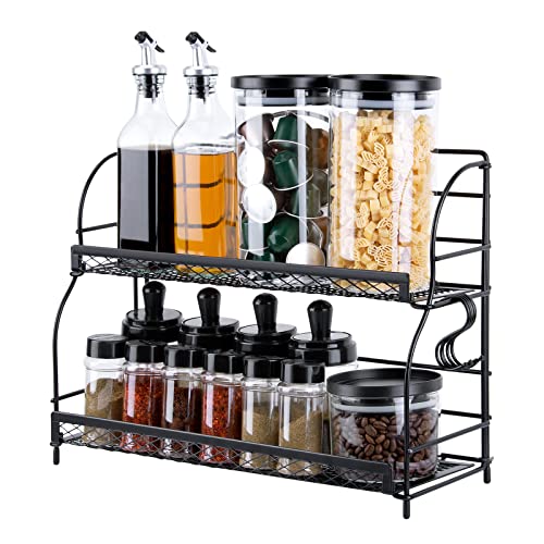 Flanney Spice Rack Organizer For Countertop, 2 Tier Bathroom Shelf, Desktop Makeup Organizer, Small Storage Rack For Kitchen, Bath Room, Bedroom And Office (Black) #TOP3