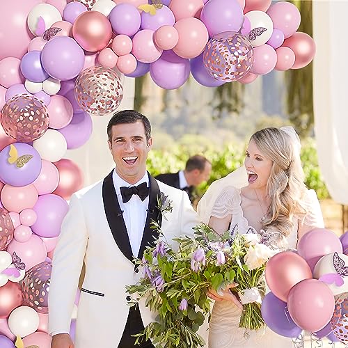 151PCS Pink Balloon Garland Arch Kit Rose Gold White Pink and Purple Balloons Confetti Latex Balloons Butterfly Stickers Decorations for Birthday Party Valentines Day Wedding Baby Shower Decorations