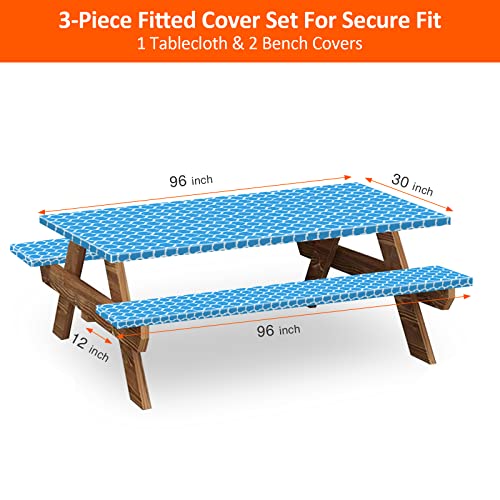 Kenobee 8Ft Picnic Table And Bench Fitted Tablecloth Cover, 96"X30" Flannel Backing Elastic Edge Waterproof Wipeable Plastic Cover Vinyl Tablecloth For Home Goods Indoor Outdoor Patio, Blue Moroccan #TOP1