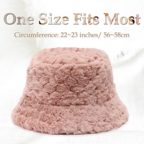 Image of Bucket Hat Women Furry Fuzzy Bucket Hats for Ladies, Winter Warm Fluffy Plush Faux Fur Hat for Women