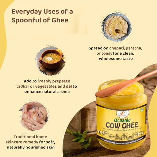 Image of Umanac Organic Cow Ghee 500ML | Certified Organic | Sourced from Desi & Healthy Cows | Bilona Method | 100% Pure & Natural | Gluten- Free | Pesticide- Free