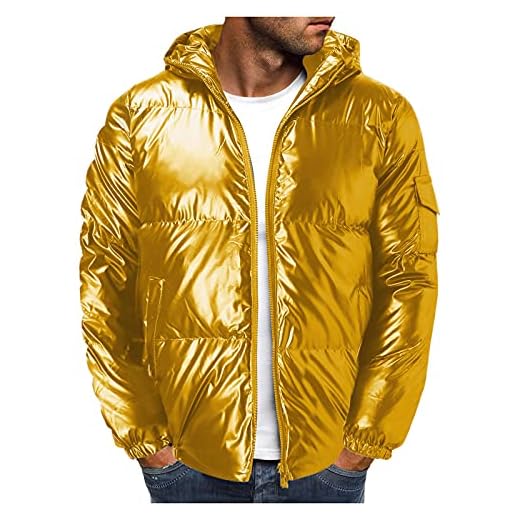 BIBOKAOKE Vinterjacka herr bubbeljacka mode gyllene silver glänsande quiltad jacka huvjacka enfärgad ståkrage termojacka varm vadderad vandringsjacka dragkedja jacka vindavvisande sportjacka, Gul45, 5XL