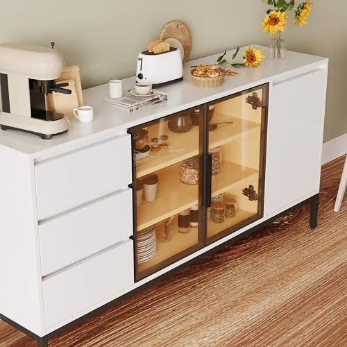 Gecheer Aparador de Cocina con 3 Cajones y 2 Compartimentos, Blanco, Diseño Elegante y Fácil Limpieza Modelo LYKLYD-W3019S00011