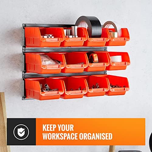 VonHaus Garage and Van Storage Solution - Wall Mount Bin Storage 12 Pc Storage Bins with 3 Adjustable Backplates, Great Bolt, Nuts, Tool or Screw Organiser