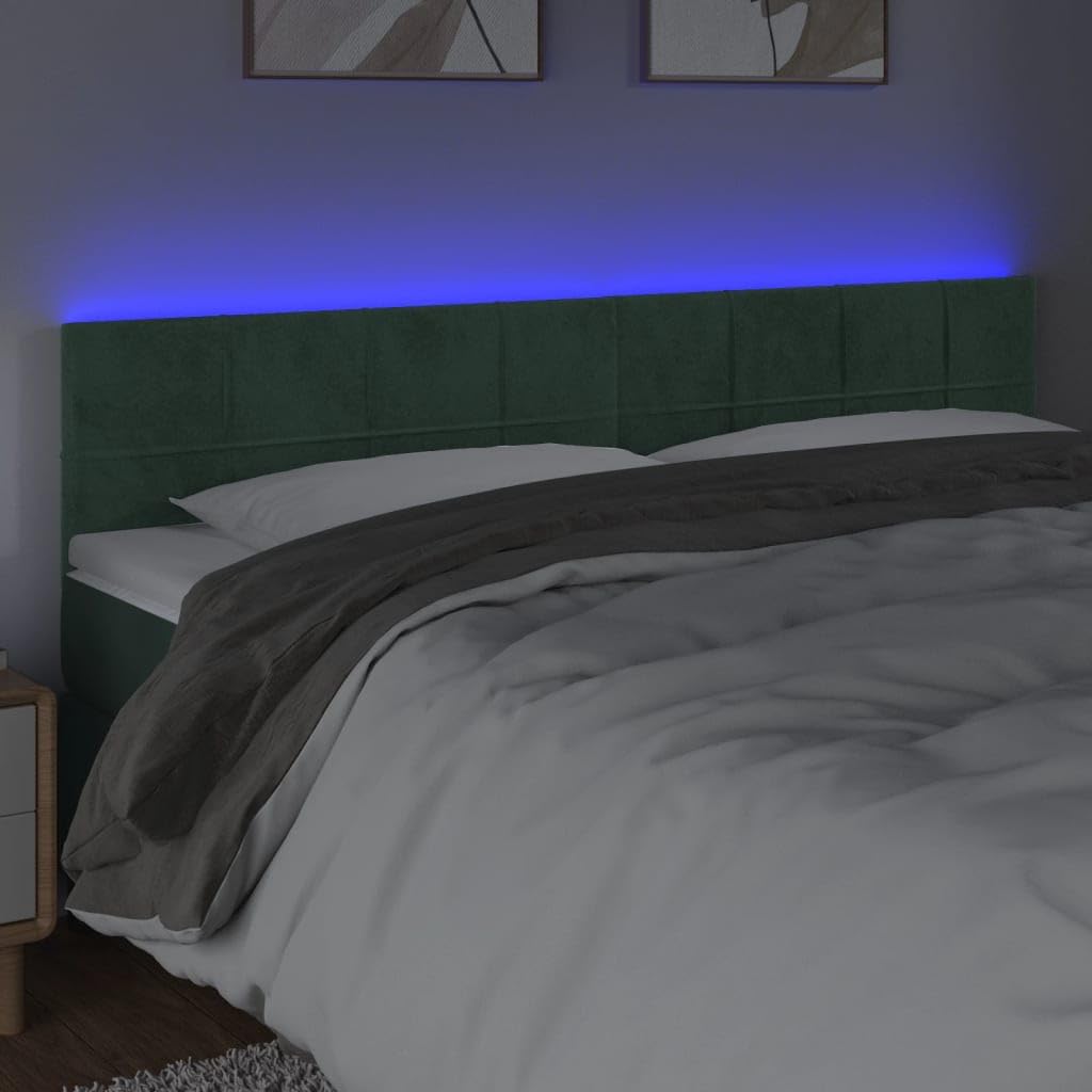 Cabecero de cama LED de terciopelo, 180 x 5 x 78/88 cm, altura regulable, color verde oscuro con luces de colores, moderno cabecero tapizado para jóvenes y adultos