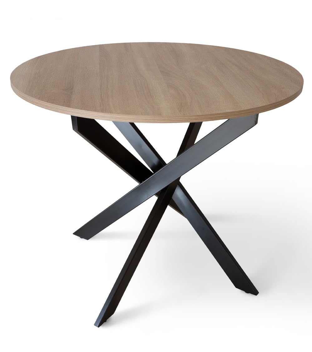 Home Heavenly® - Mesa Redonda Comedor Cocina Blake, Mesa Industrial 90 cm diámetro con Patas metálicas entrecruzadas. (Tapa Roble Pata Negra)