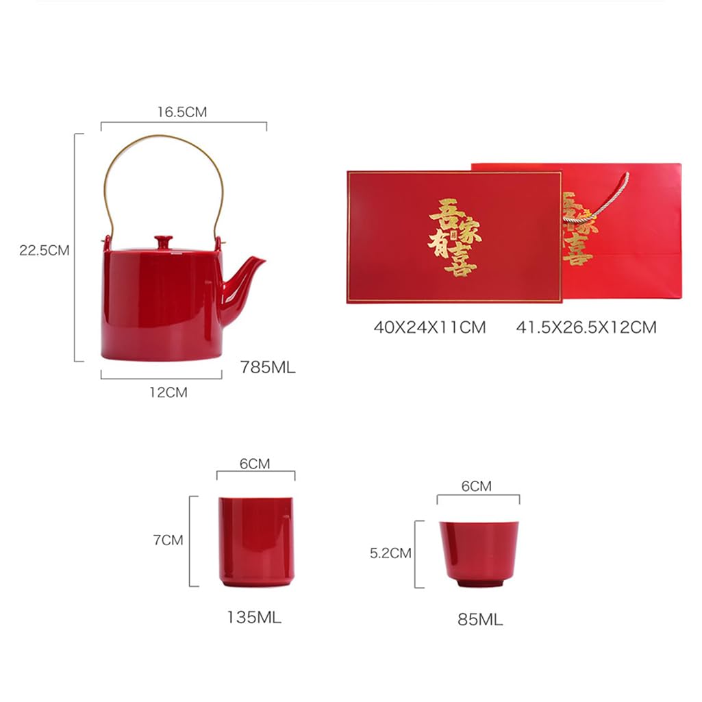 GVILTY Juego de té de porcelana roja china, juego de té chino Kung Fu, tetera doble felicidad, suministros de decoración de boda tradicional china, servicio de té de cerámica rojo 1-6 tazas