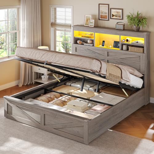 Image of AOGLLATI Farmhouse Full Size Bed Frame with Lift Up Storage, Grey