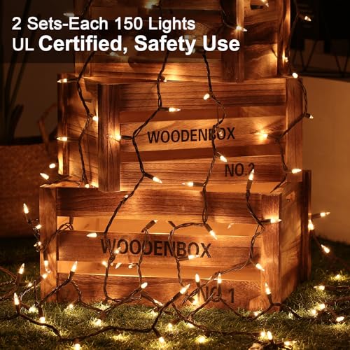 Image of BrizLabs Christmas Lights, 300 Count Warm White Incandescent Light 69.6 ft | Connectable Outdoor Xmas Tree Lights; UL Certified Clear Indoor Christmas Mni Light Set Brown Cord for Xmas Tree Party Garden