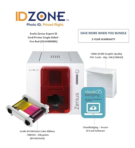 Evolis Zenius Expert Id Card Printer Singlesided -Firered- Zn1H0000Rs W/Evolis R5F002Aaa Color Ribbon- Ymcko - 200 Prints, Premium White Blank Plastic Cr80 30 Mil Pvc Cards 500 Pack,&Cloudbadging Lite #TOP1