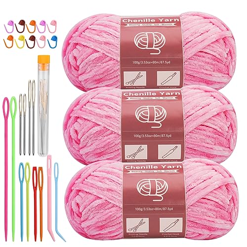 Image of LUNARM Chenille Yarn 3 Pack 3.5oz Chunky Blanket Velvet Yarn 263 Yard | Pink Chunky Chenille Yarn for Beginners Crocheting Hand Knitting Scarves with Big Eye Needles Machine Washable