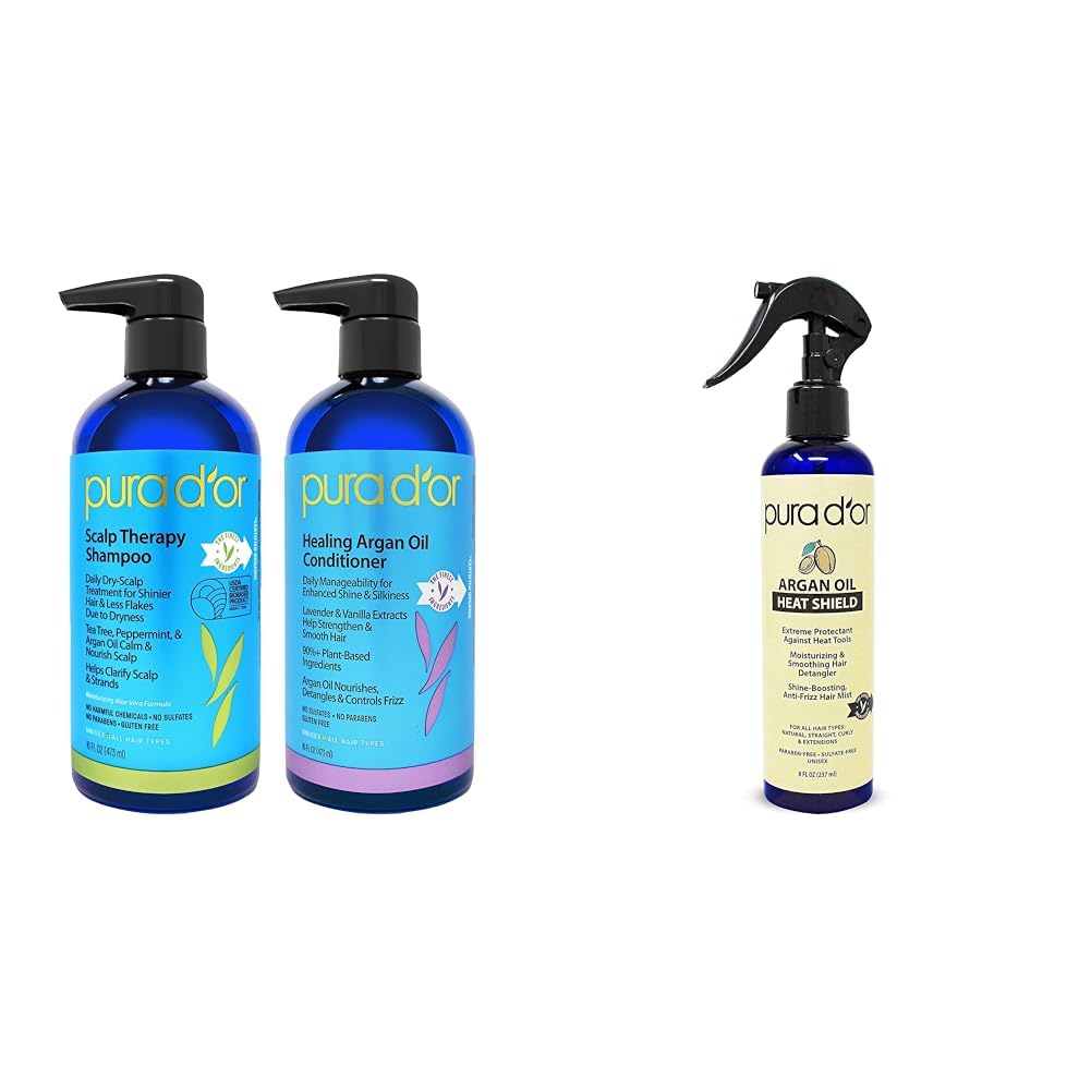 PURA D'OR Scalp Therapy Shampoo & Conditioner Set(16 fl oz x 2) + 4 Oz Organic Argan Oil - For Dry Scalp, Damaged Hair & Skin
