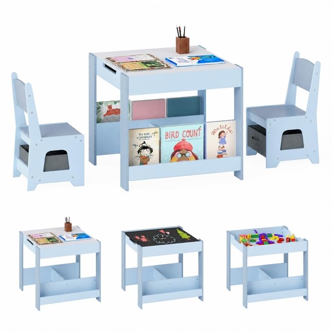 COSTWAY Mesa y Silla Infantil 4 en 1, Mesa Infantil con 2 Silla (Azul)
