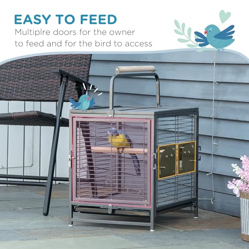 Pawhut Metal Parrot Cage Bird Carrier Travel Wooden Perch Cup Holder Handle Black - Image 4