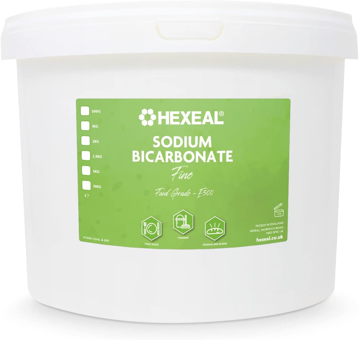 Hexeal Sodium Bicarbonate 10kg – 10kg Bucket of Food Grade Baking Soda for Cooking, Baking, Home Cleaning & Bath Bombs – Fine Powder, Deodorises & Removes Grime – FCC E500