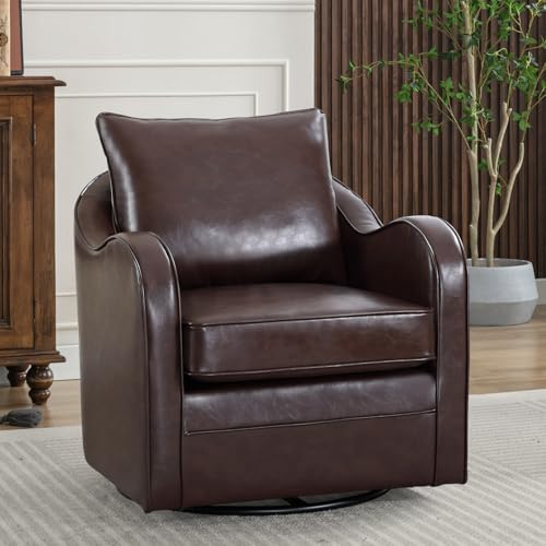 Simore Faux Leather Swivel Barrel Accent Chair for Living Room Bedroom, Comfy Modern Round Swivel Chair with Removable Pillow, Dark Brown