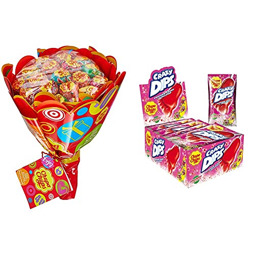 Chupa Chups Lutscher Blumenstrauss, Geschenk-Idee: Geburtstag + Jahrestag + Valentinstag, 6 fruchtige Lolli-Sorten & Crazy Dips, 24er Thekendisplay, Erdbeer-Lollis mit Brausepulver und Knistereffekt