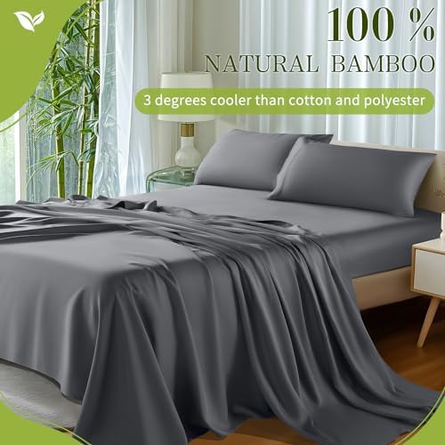 Shilucheng 100% Viscose Derived from Bamboo_ Sheets Queen Size 4pcs - Ultra Cooling & Silky Soft Bed Sheets, 16" Deep Pocket, Perfect for Hot Sleepers, Hotel Bedding Sheets (Grey) - Thumbnail 5